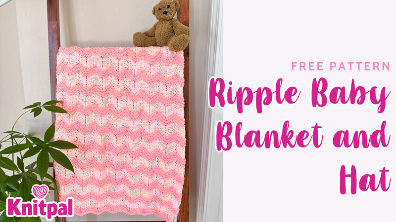 Peach Parfait Ripple Baby Blanket and Hat knitting pattern made with KnitPal Tweed Twinkles yarn.