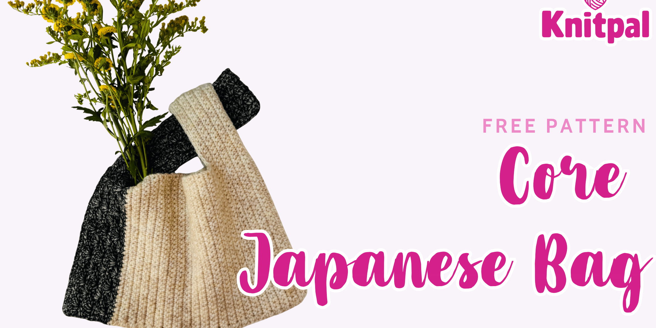 text "free pattern core japanese bag" with mage of black and white asymmetrical bag with flowers sticking out of the top 