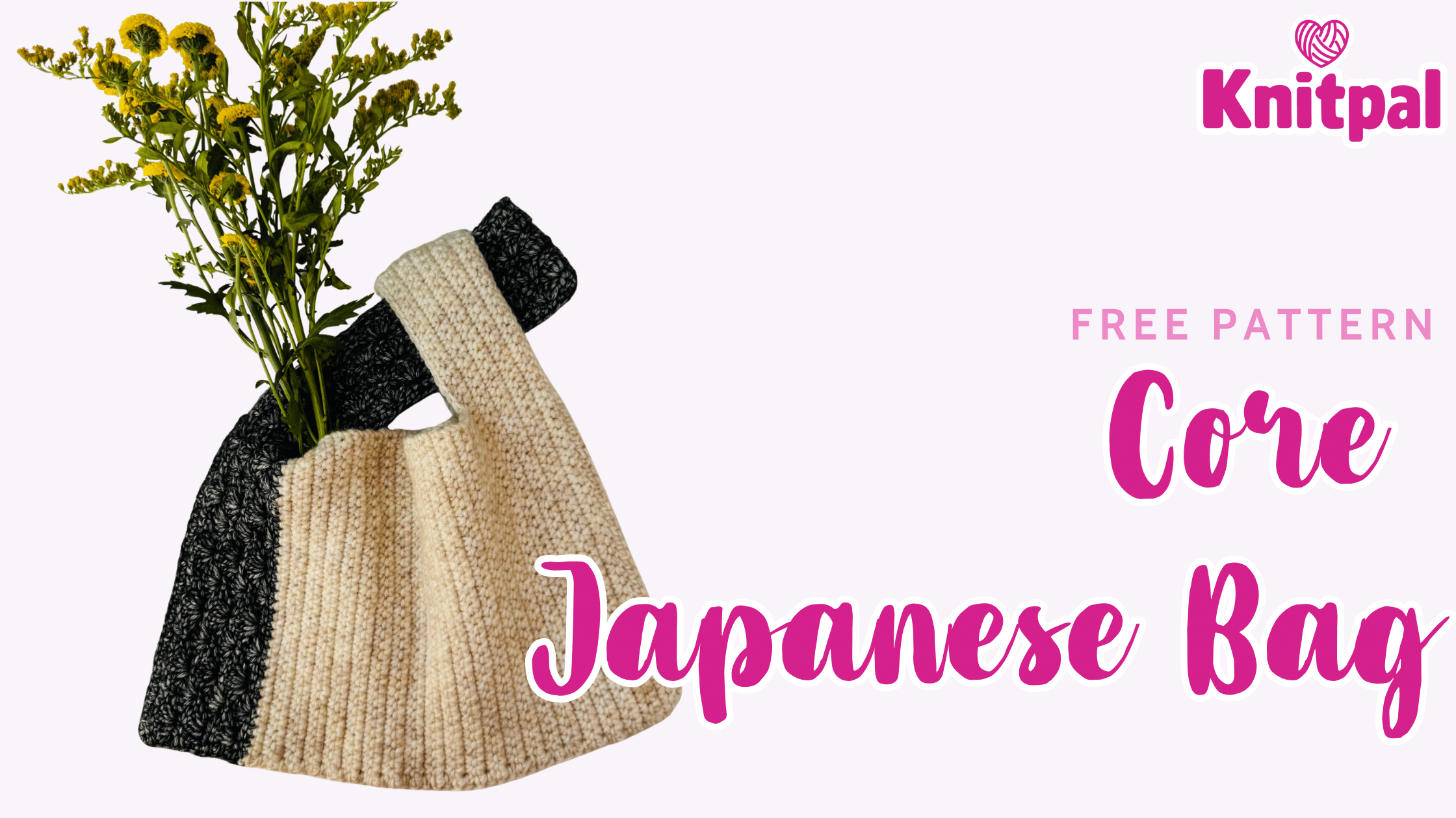 text "free pattern core japanese bag" with mage of black and white asymmetrical bag with flowers sticking out of the top 