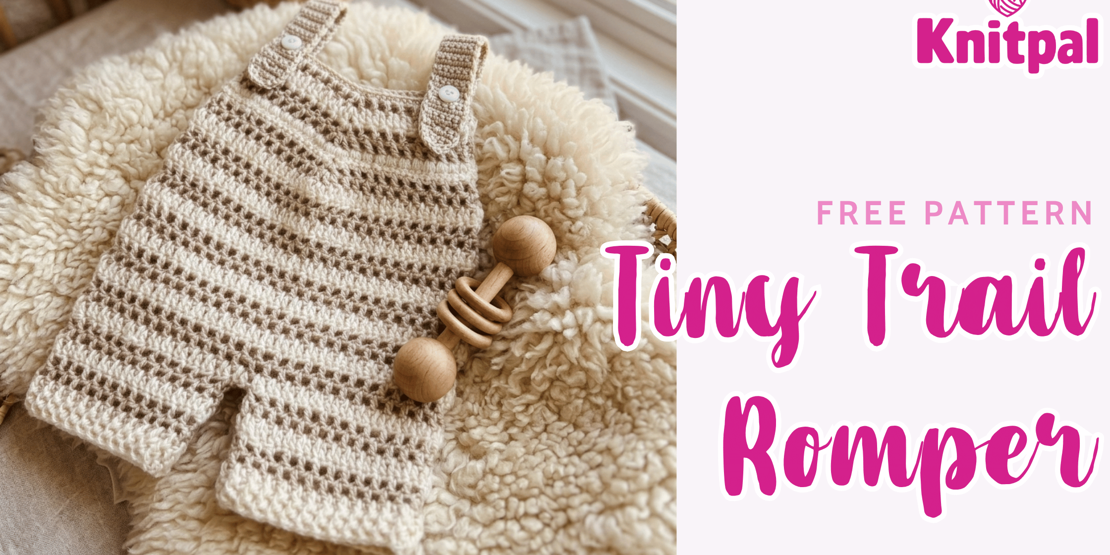 Text "free pattern tiny trail romper" with image of cream and white striped crochet romper on a sheepskin mat and wood rattle