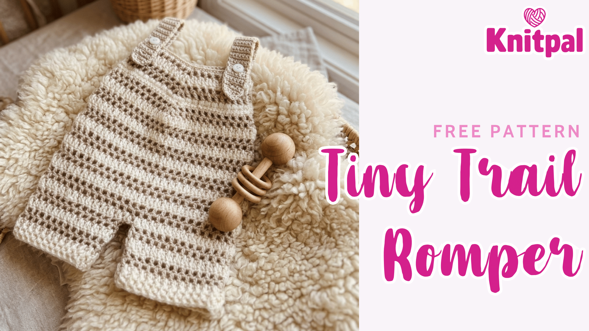 Text "free pattern tiny trail romper" with image of cream and white striped crochet romper on a sheepskin mat and wood rattle