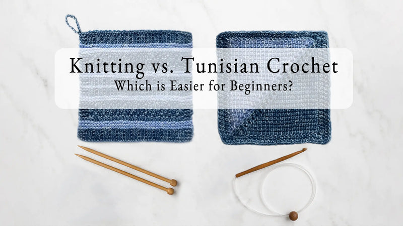Knitted and Tunisian crochet dishcloths displayed side by side with knitting needles and a corded Tunisian crochet hook.
