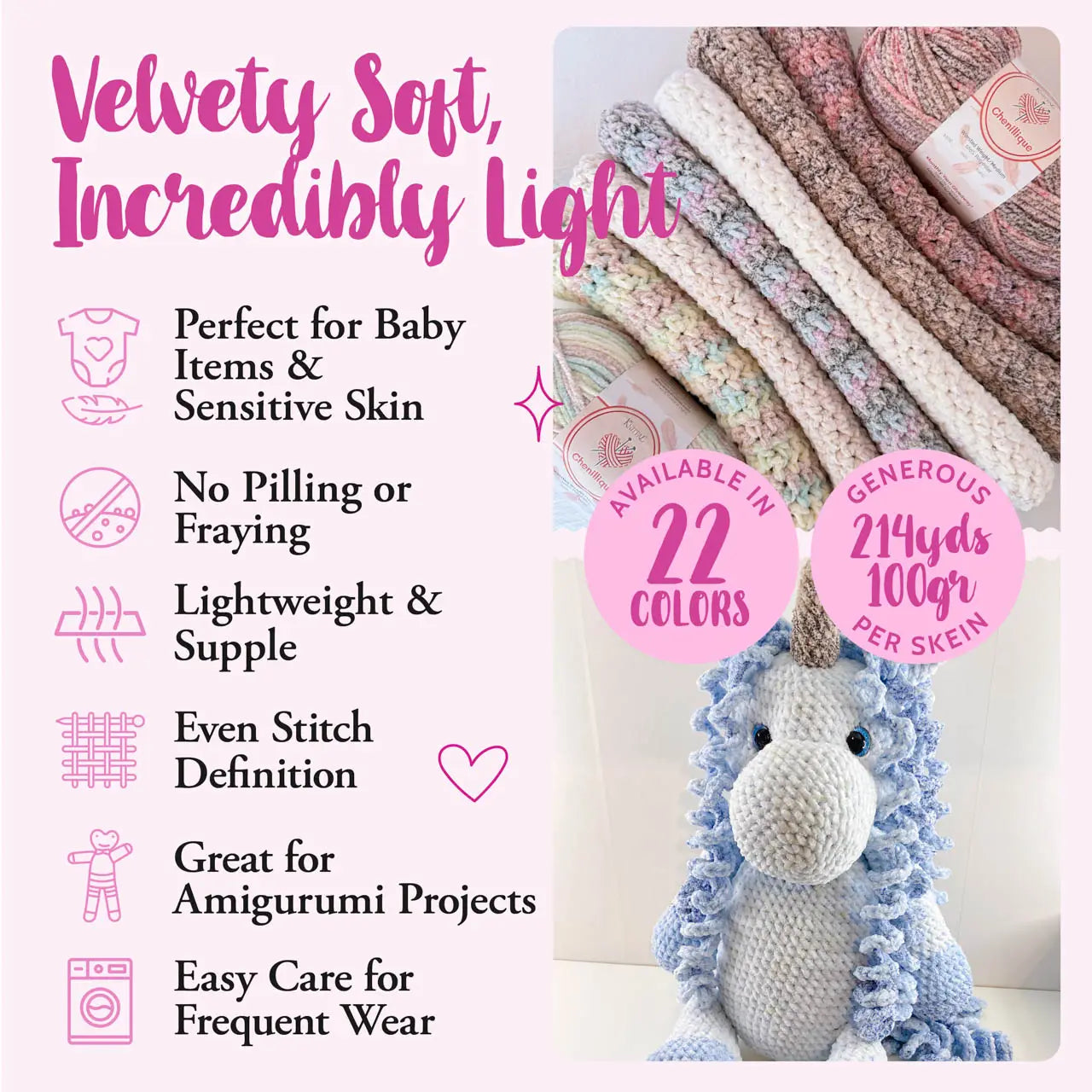 Yarn with crochet unicorn and product details on a white background