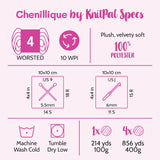 Chenillique by KnitPal Specs product information card with specifications and care instructions.