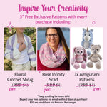 Promotional graphic for free crochet patterns with images of a woman, child, and crochet items.
