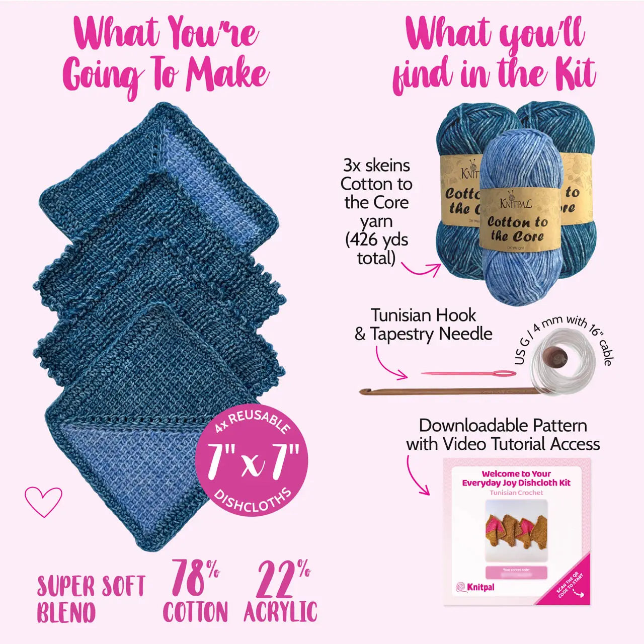 Everyday Joy Dishcloth - Tunisian Crochet - Blue