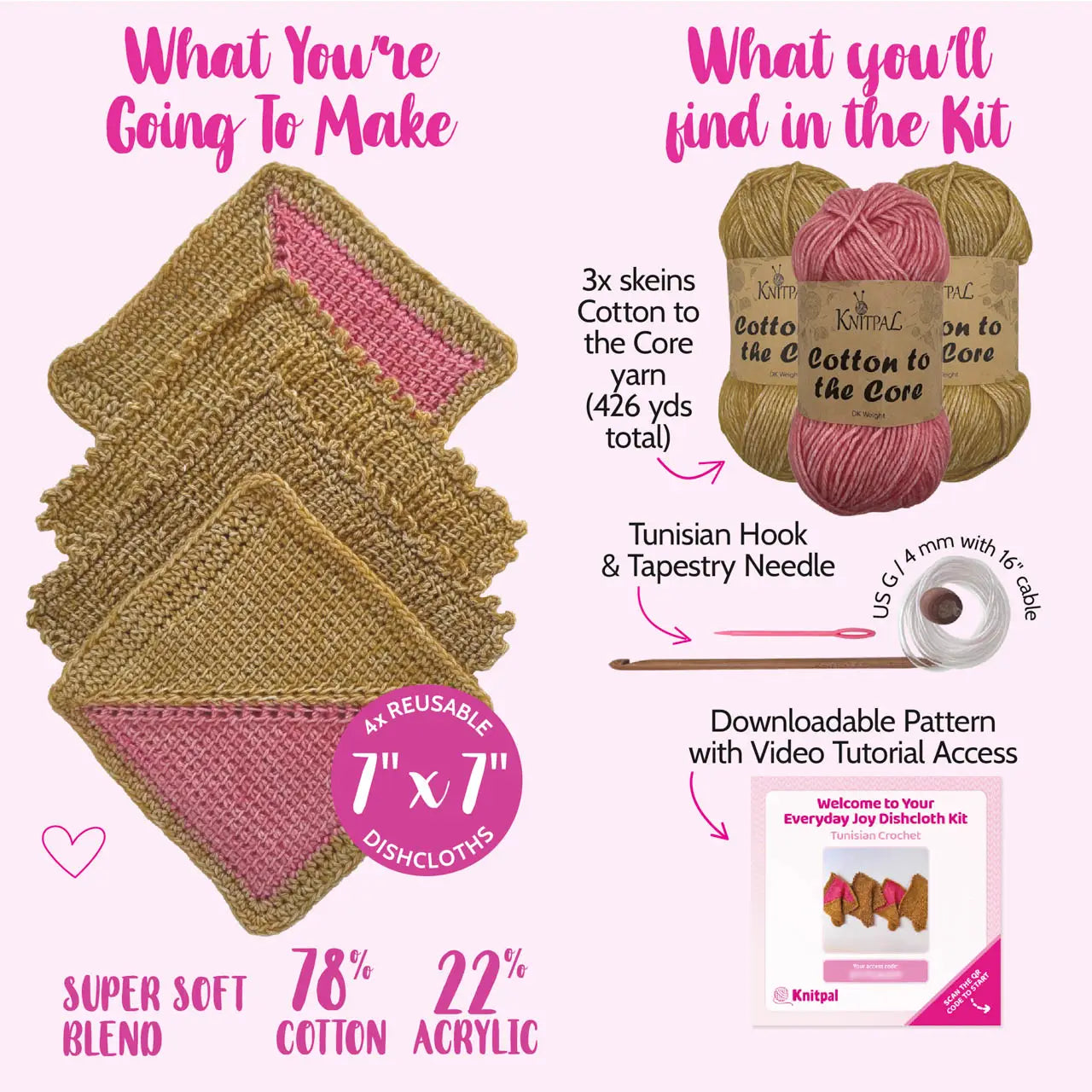 Everyday Joy Dishcloth - Tunisian Crochet - Brown