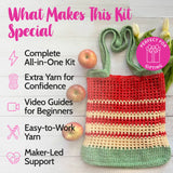 Crocheted bag with apples and text highlighting kit features on a white background