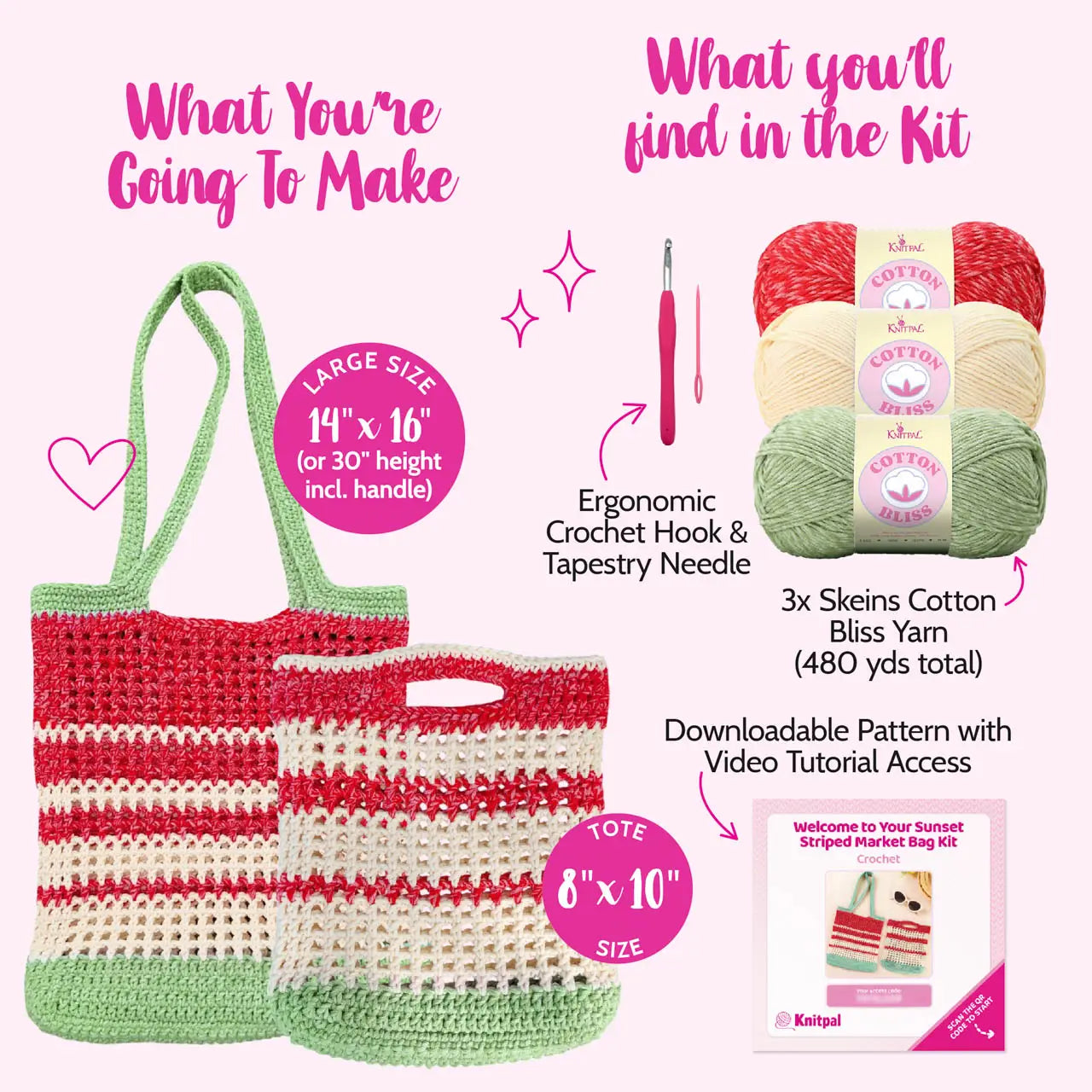 Crocheted tote bag kit with yarn, hook, needle, and pattern information on a pink background