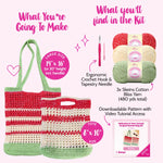 Crocheted tote bag kit with yarn, hook, needle, and pattern information on a pink background