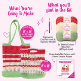 Crocheted tote bag kit with yarn, hook, needle, and pattern information on a pink background