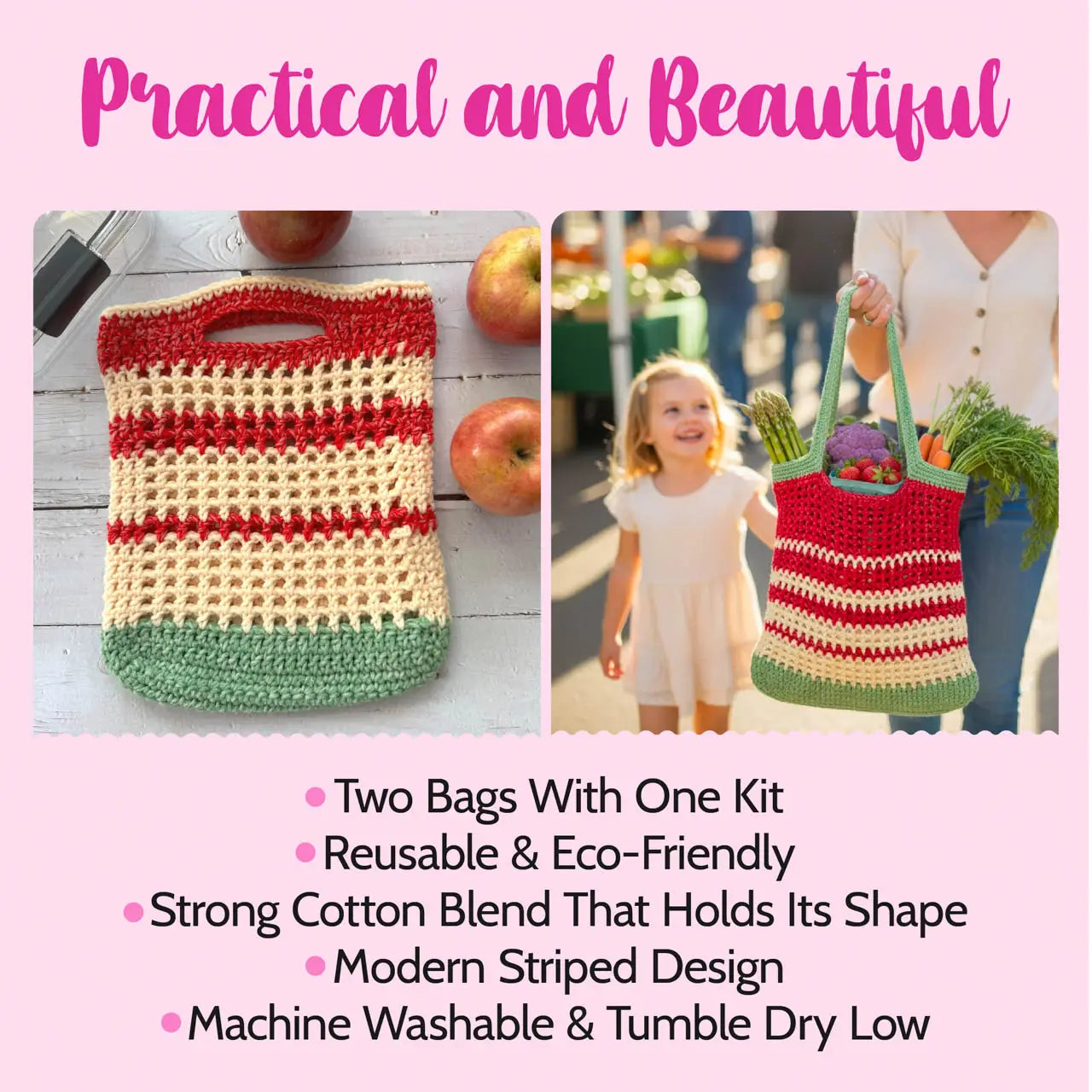 Crocheted bag with striped design held by a child and person, with text highlighting features.