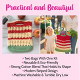 Crocheted bag with striped design held by a child and person, with text highlighting features.