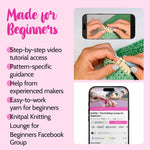 Knitting tutorial app with smartphone screen and hands knitting on a pink background