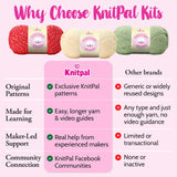 KnitPal yarn kits with comparison to other brands on a pink background