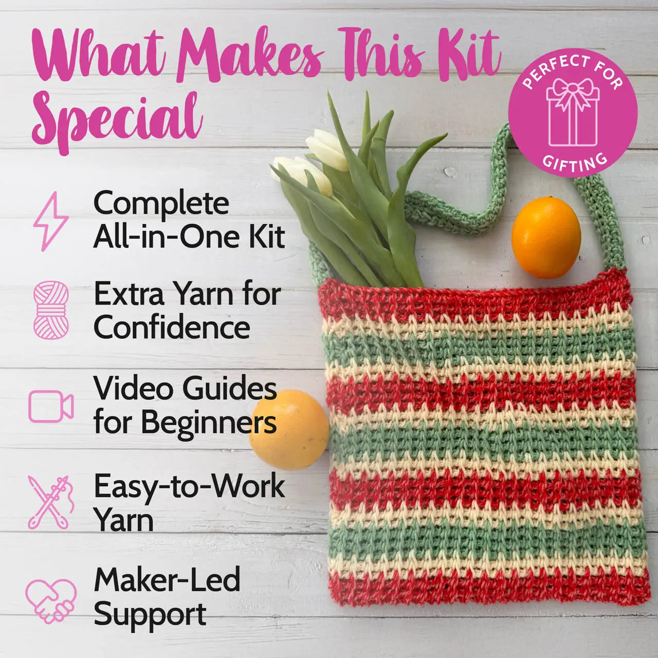 Crocheted bag with flowers and oranges on a wooden surface, featuring text about the kit's features.