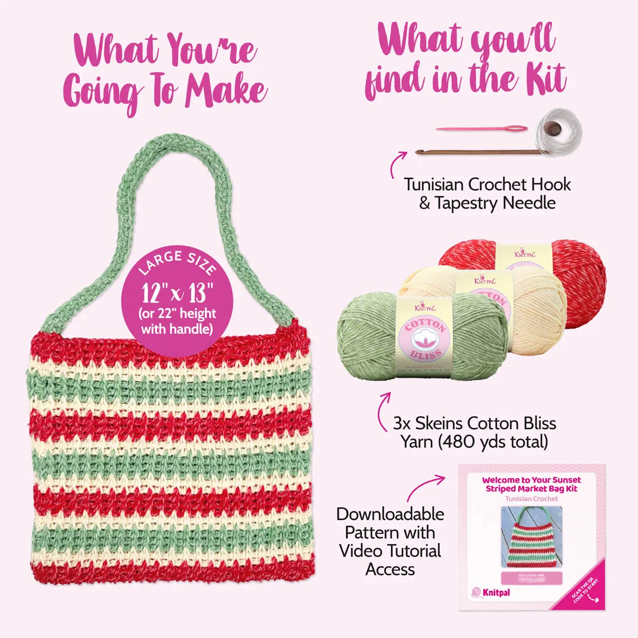 Showing the finished Tunisian crocheted bag and what comes in the kit with yarn, hooks, needle, and downloadable pattern 