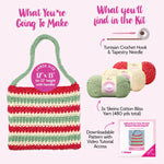 Showing the finished Tunisian crocheted bag and what comes in the kit with yarn, hooks, needle, and downloadable pattern 