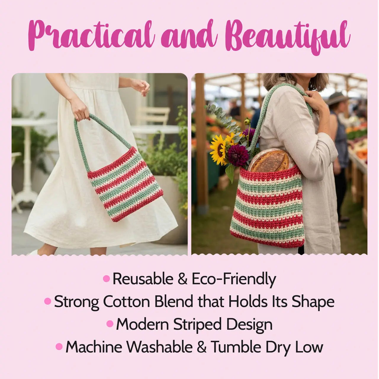 Reusable tote bag with striped design held by a person at an outdoor market and one showing a person holding the bag as a regular handbag showing how versatile the KnitPal Market Bag is.