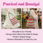 Reusable tote bag with striped design held by a person at an outdoor market and one showing a person holding the bag as a regular handbag showing how versatile the KnitPal Market Bag is.