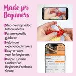 Promotional graphic for Knital Tunisian Crochet For Beginners with text and images of hands crocheting.