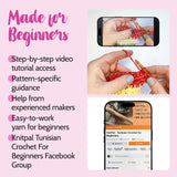 Promotional graphic for Knital Tunisian Crochet For Beginners with text and images of hands crocheting.