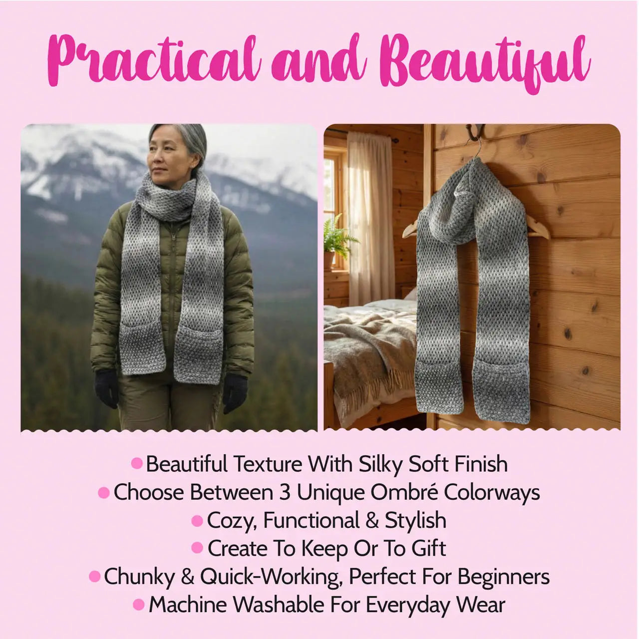 Tunisian Scarf with Pockets- Gray Wolf