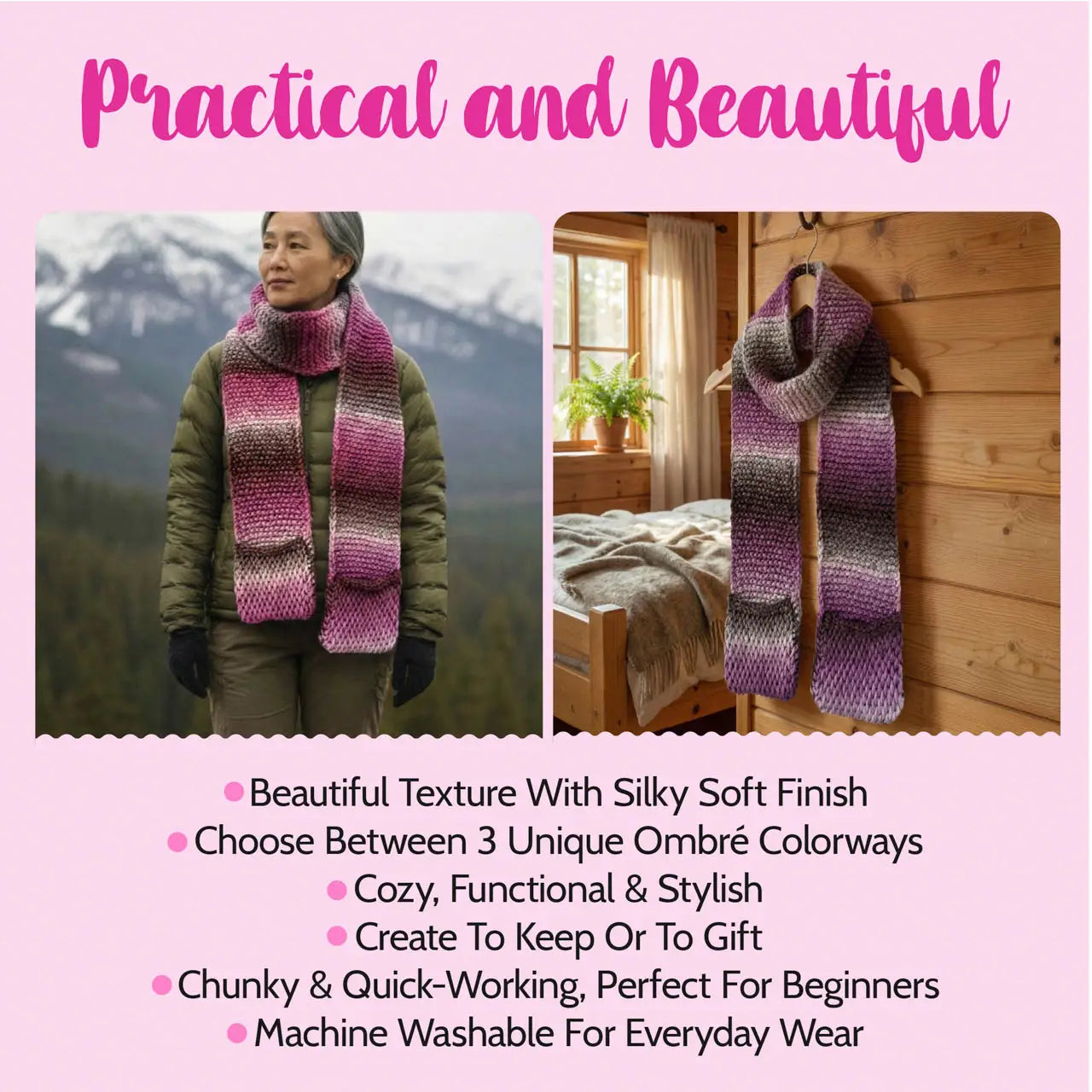 Tunisian Scarf with Pockets- White Raspberry