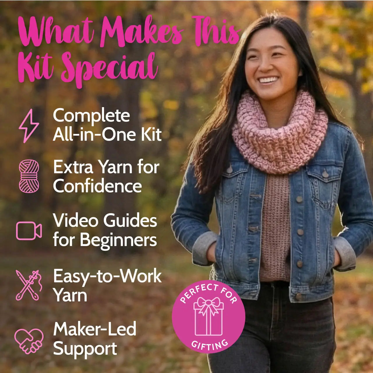 Woman wearing a pink knitted scarf with text about a special kit in the background