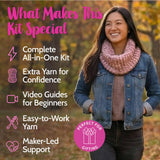 Woman wearing a pink knitted scarf with text about a special kit in the background