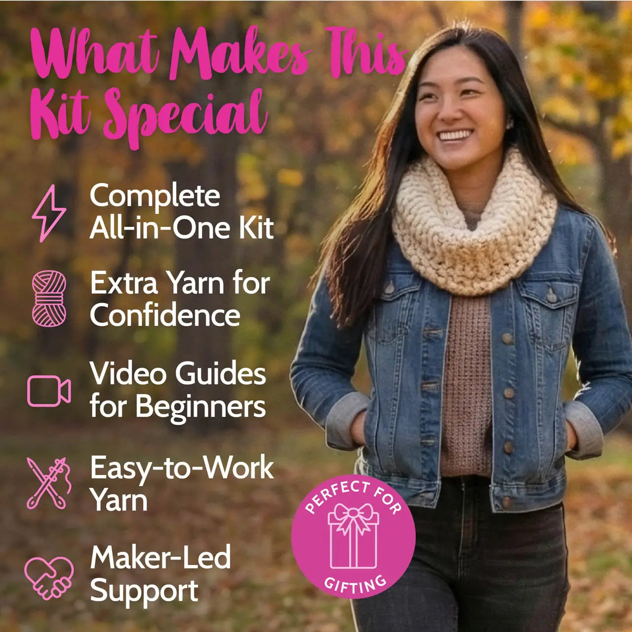 Woman wearing a knitted scarf with text highlighting features of a knitting kit.