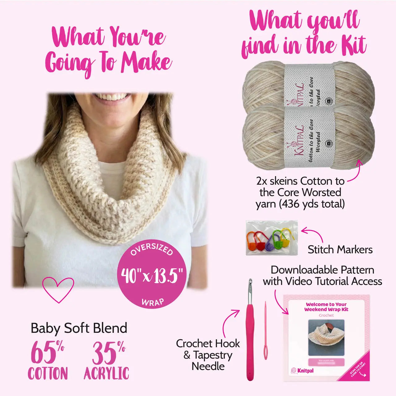 KnitPal crochet kit for beginners with yarn, crochet hook, and pattern leaflet on a pink background