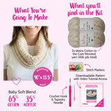 KnitPal crochet kit for beginners with yarn, crochet hook, and pattern leaflet on a pink background