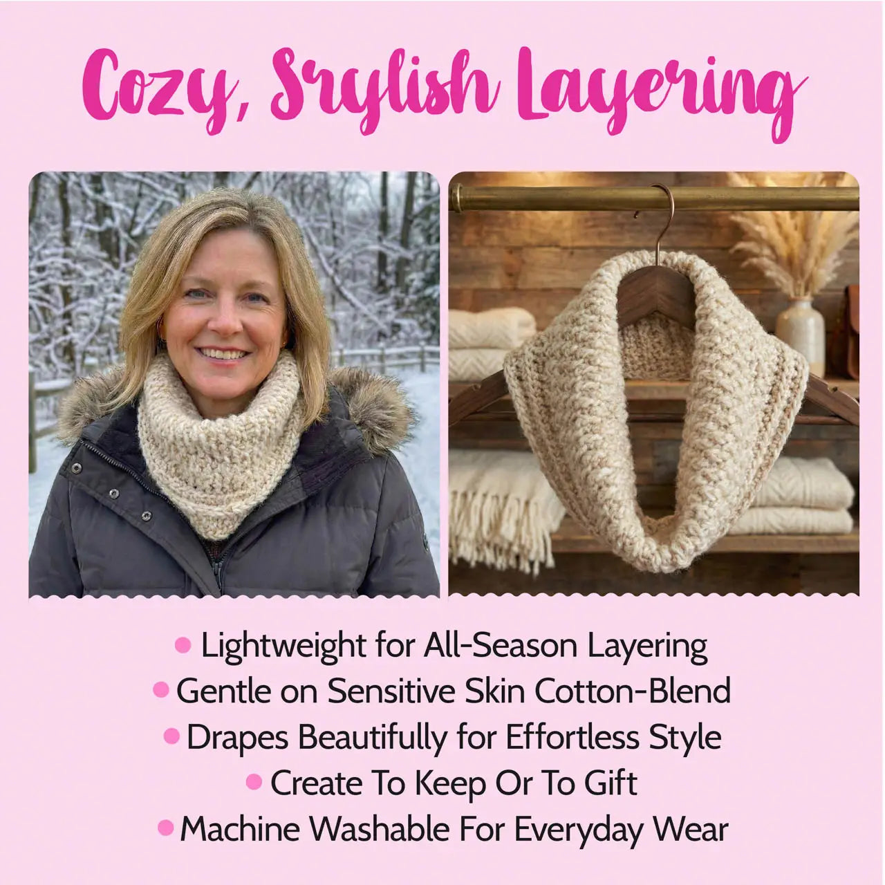 Woman wearing a knitted scarf outdoors with text about scarf features on a pink background