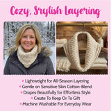 Woman wearing a knitted scarf outdoors with text about scarf features on a pink background