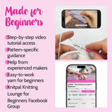 Knitting tutorial advertisement with text and images of hands knitting and a phone screen.