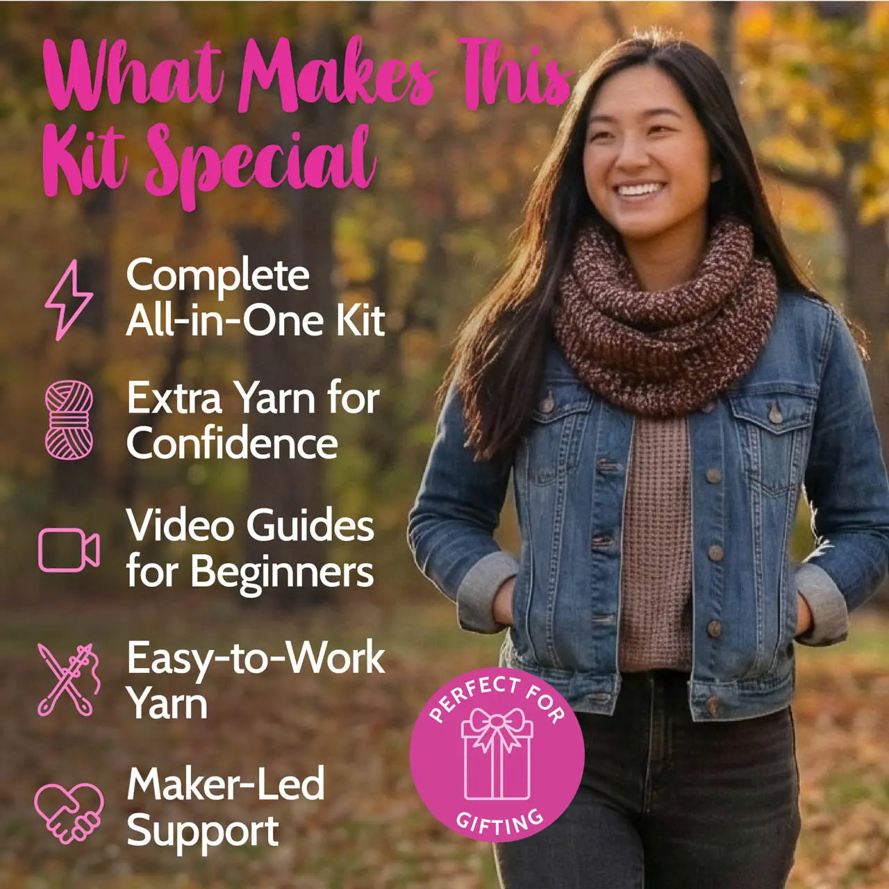 Woman wearing a knitted scarf with text highlighting features of a yarn kit.