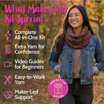 Woman wearing a knitted scarf with text highlighting features of a yarn kit.