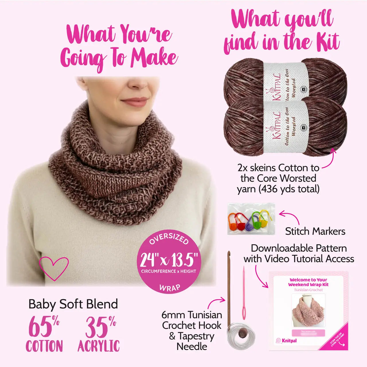 KnitPal Tunisian crochet kit information with a brown scarf, yarn, and tools on a pink background