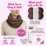 KnitPal Tunisian crochet kit information with a brown scarf, yarn, and tools on a pink background
