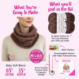 KnitPal Tunisian crochet kit information with a brown scarf, yarn, and tools on a pink background
