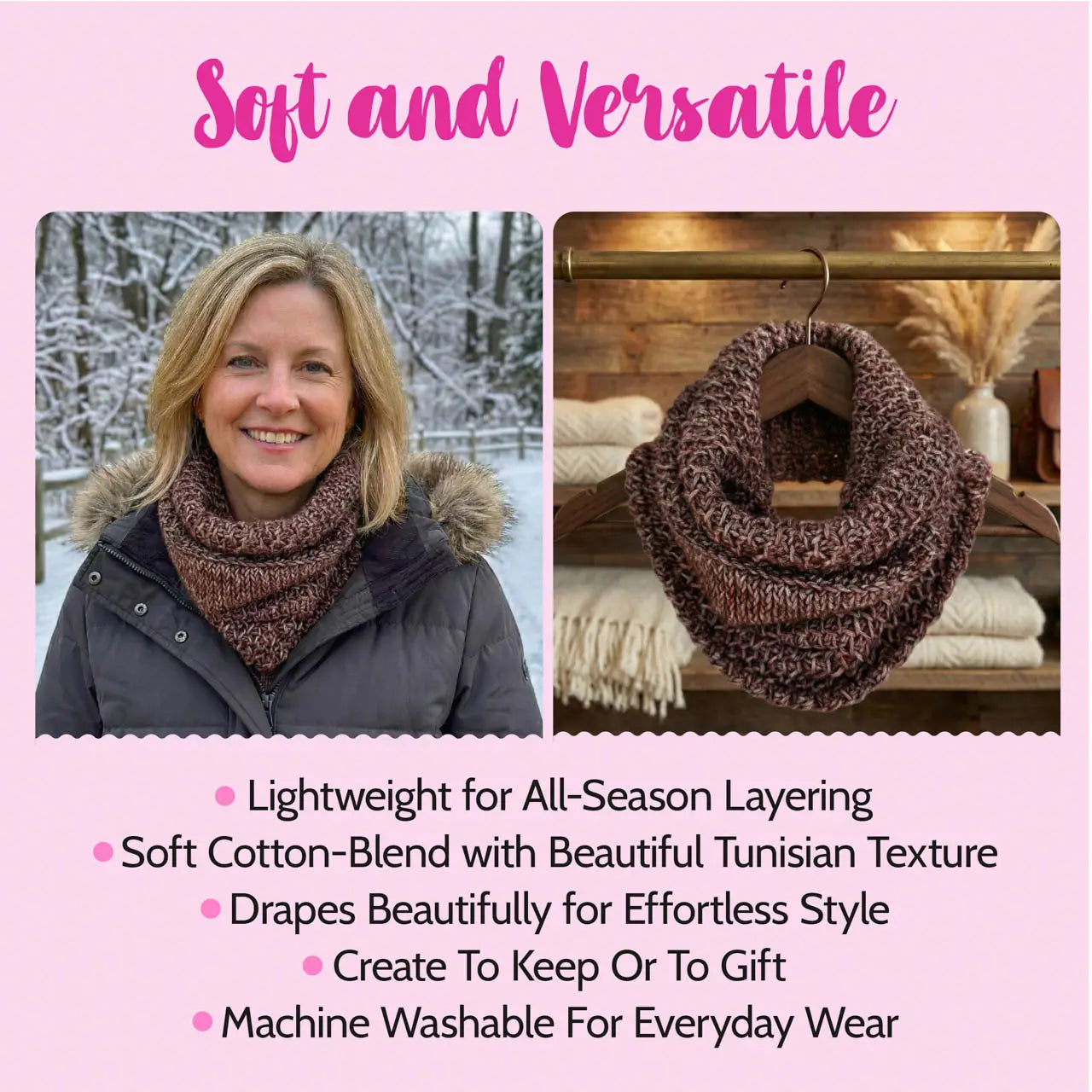 Woman wearing a brown scarf outdoors with text about the scarf's features on a pink background.