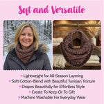 Woman wearing a brown scarf outdoors with text about the scarf's features on a pink background.
