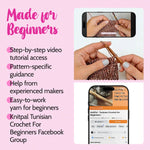 Promotional graphic for KnitPal Tunisian Crochet For Beginners with text and images of hands knitting.