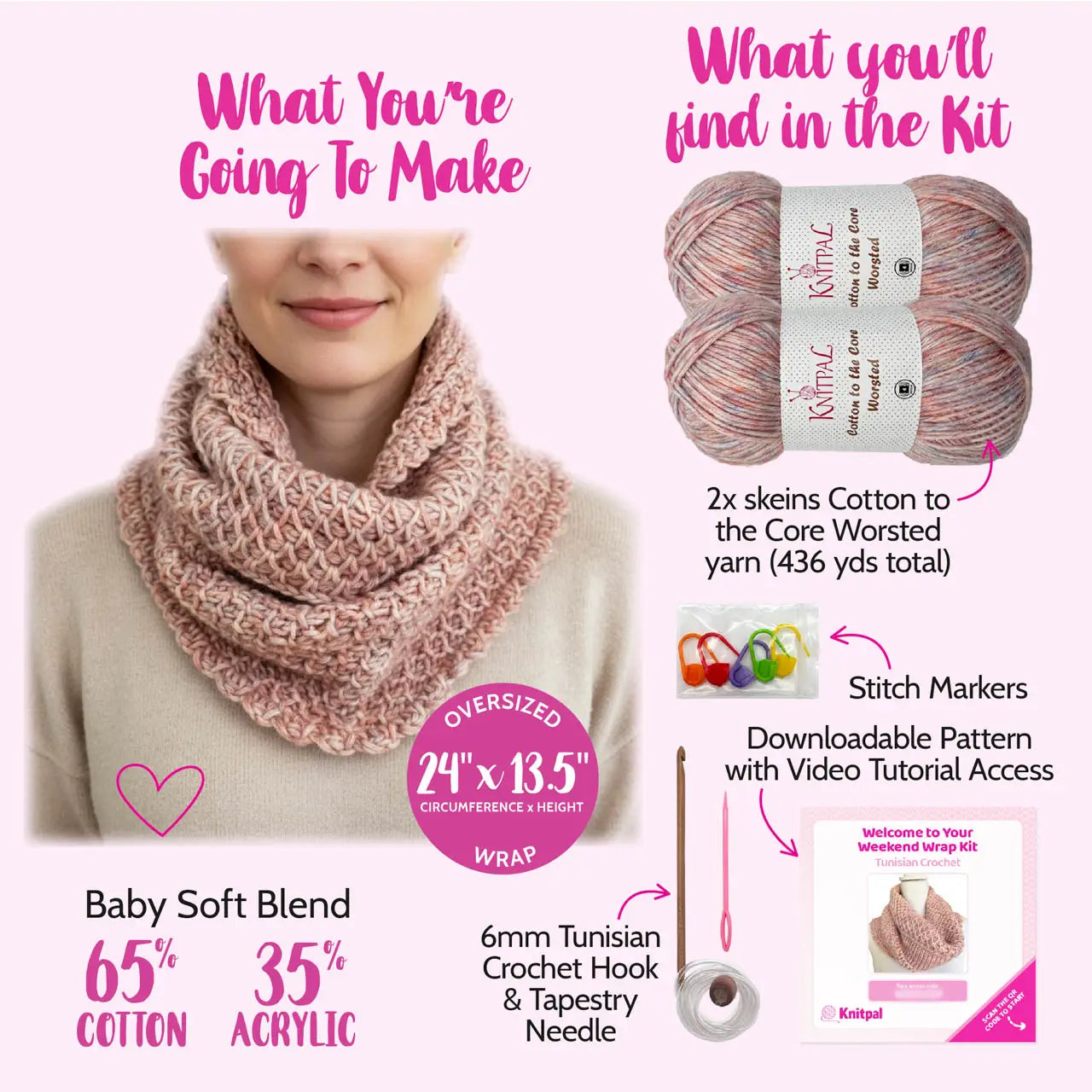 KnitPal kTunisian crochet kit advertisement with a pink scarf, yarn, and knitting tools on a pink background