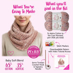 KnitPal kTunisian crochet kit advertisement with a pink scarf, yarn, and knitting tools on a pink background