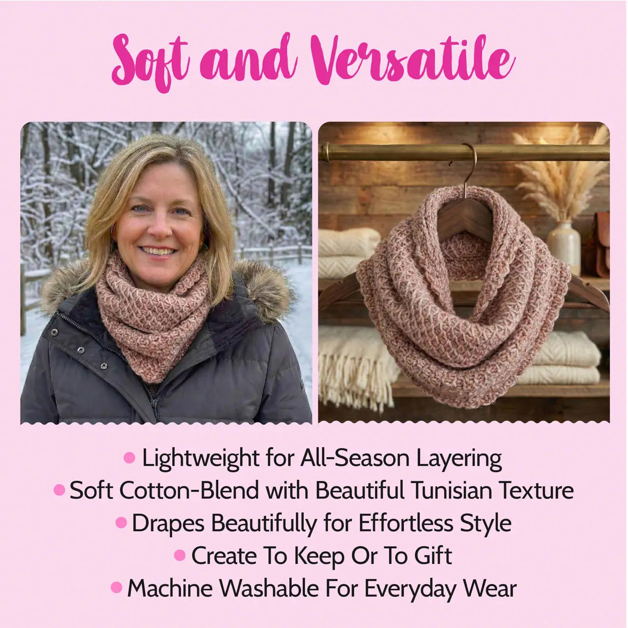 Woman wearing a pink scarf with text highlighting its features on a pink background