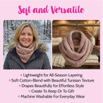 Woman wearing a pink scarf with text highlighting its features on a pink background