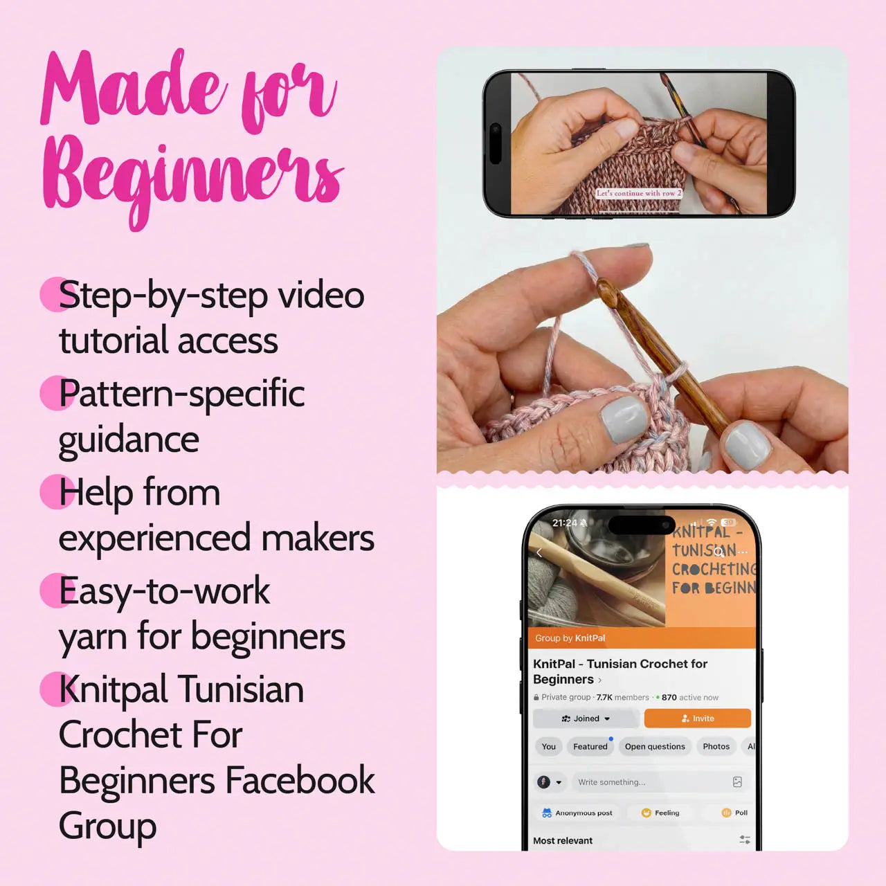 Promotional graphic for Knitalicious Tunisian Crochet for Beginners with text and images of hands knitting.