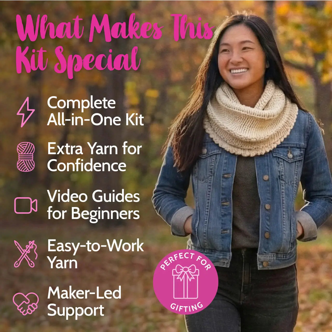 Woman wearing a knitted scarf with text highlighting features of a yarn kit.